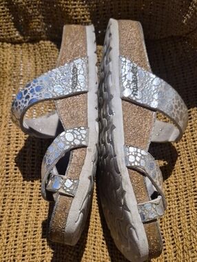 Birkenstock Silver Metallic Patterned Cork Wedge Sandals Eu 36